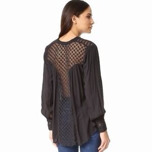 Free People Best Button Down Blouse Black Lace Crochet Button Front Top L Flowy